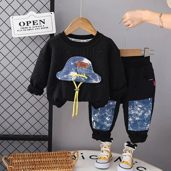 Boys Solid Patchwork Black Tracksuit