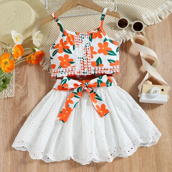 Girls Floral Camisole Top with Skirt 2 Pcs Set