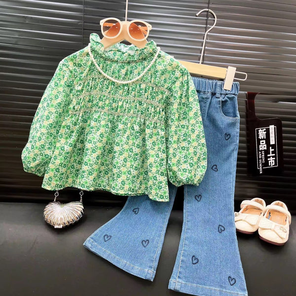 Girls Green Vintage Floral Top With Jeans