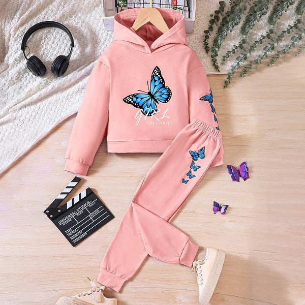 Girls Butterfly Pink Printed Hoodie Tracksuit