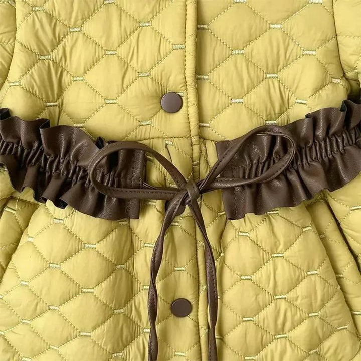 Girls Olive Quilted Winter Coat with Brown Ruffle Belt TrendyKid