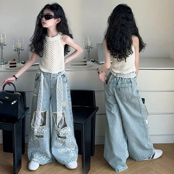 Girls Rugged Designer Wide-Fit Jeans TrendyKid