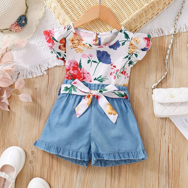 Girls Floral Top With Shorts And Belt Set