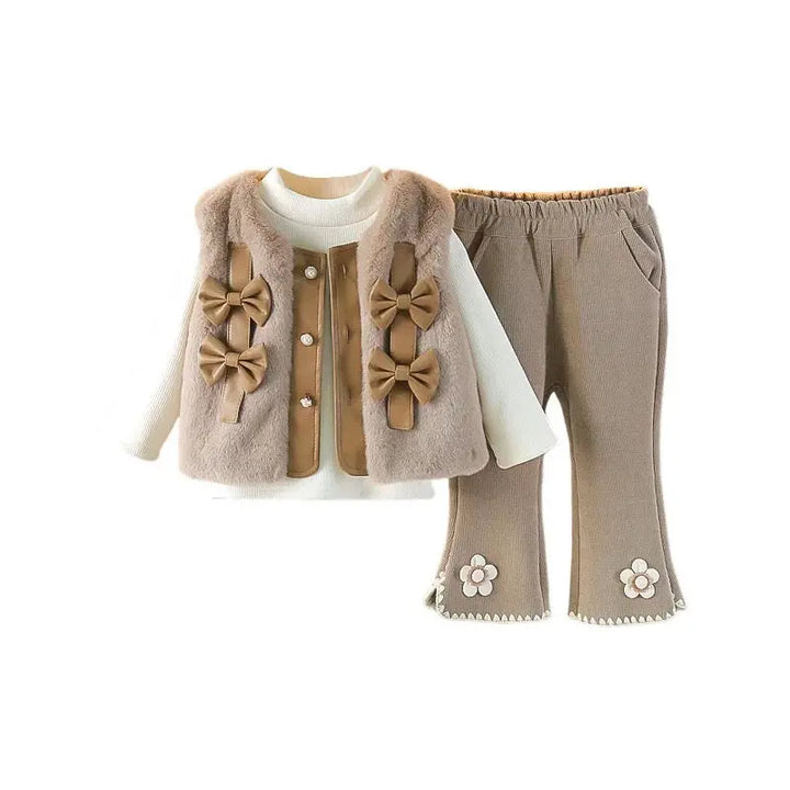 Girls Faux Fur Bow Jacket White Knit Top And Embellished Pants TrendyKid
