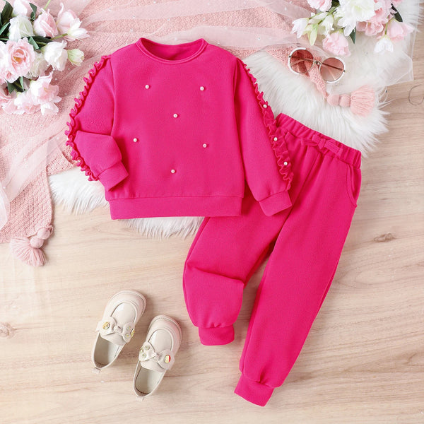 Girls Pearl Embellished Pink Top And Jogger 2 Pcs Set