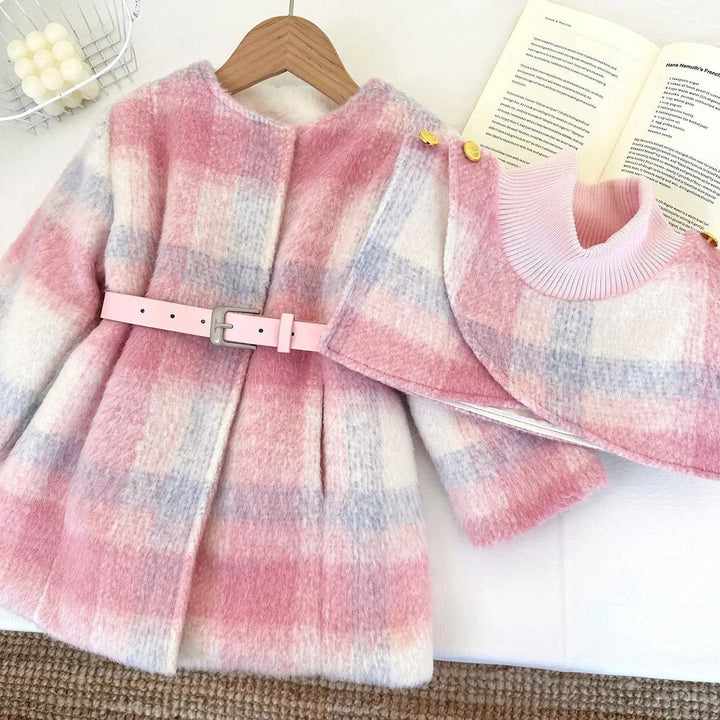 Girls Plaid Pink Coat With Belt TrendyKid
