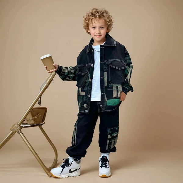 Boys Alphabet Printed Denim Black Co-ord Set