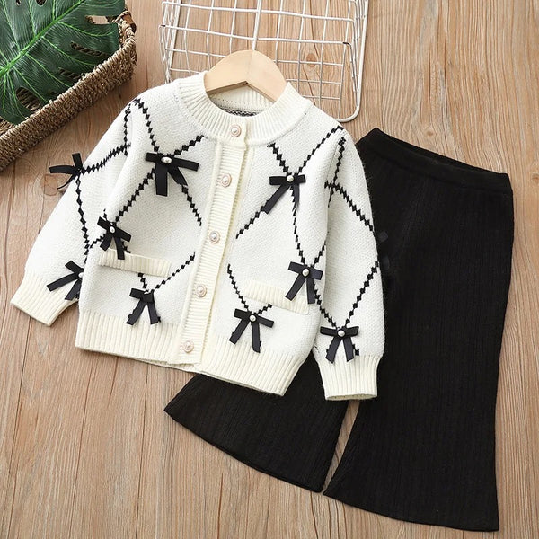 Girls Bow Detail Sweater With Trousers 2 Pcs Set