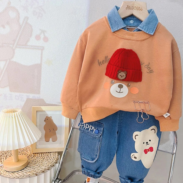 Boys Designer Bear Motif Sweatshirt And Jeans 2 Pcs Set