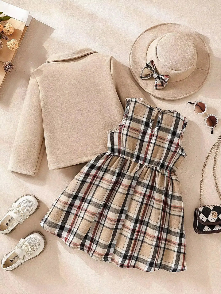 Girls Elegant Checkered Dress with Bow & Coat TrendyKid