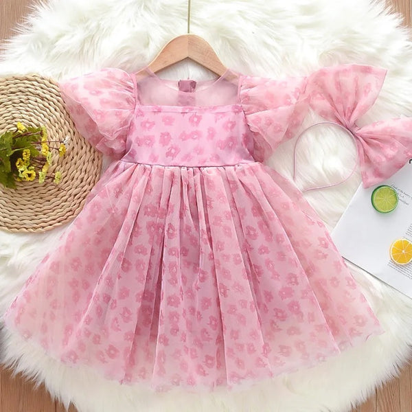 Girls Pink Floral Party Dress With Headband