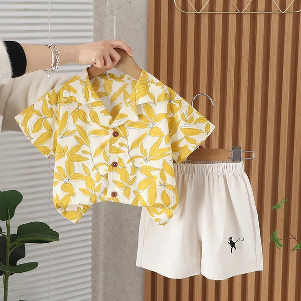 Boys Yellow Print Shirt With Shorts