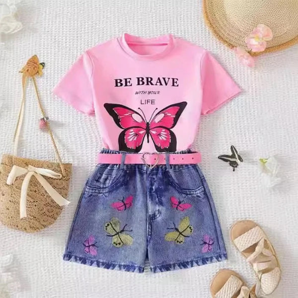 Girls Printed T-Shirt, Shorts And Belt Set