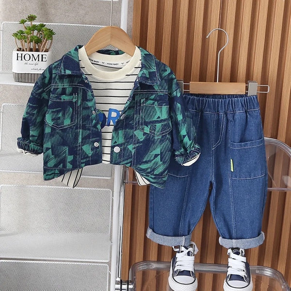 Boys Printed Shacket With Striped T-Shirt And Jeans 3 Pcs Set