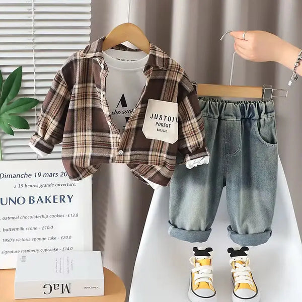 Boys Plaid Shirt With T-shirt And Jeans 3 Pc Set TrendyKid