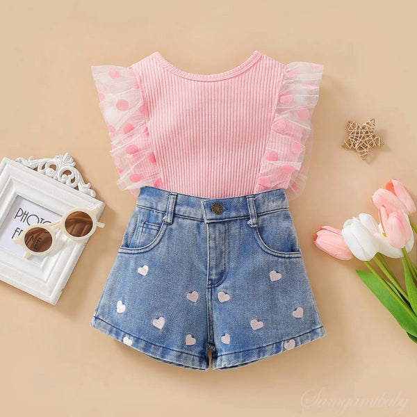 Girls Ruffled Sleeveless T-shirt & Printed Shorts 2 Pcs Set