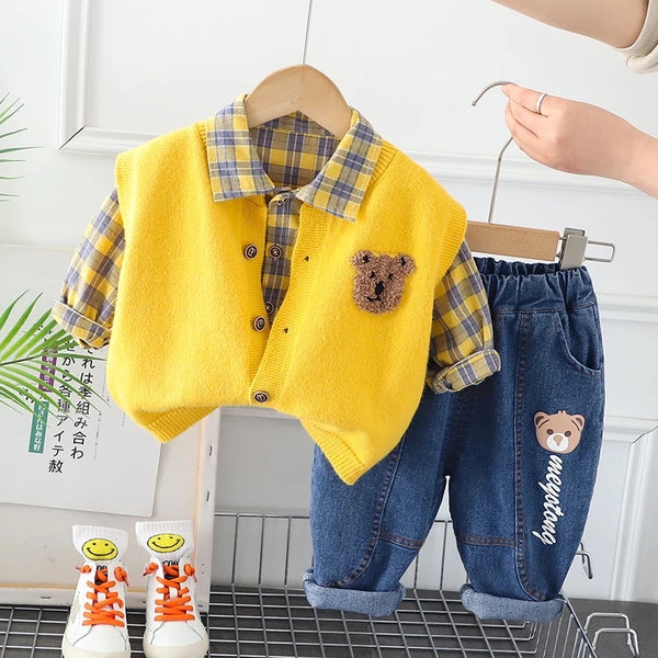 Boys Yellow Checkered Shirt Jeans And Sweater 3 Pcs Set