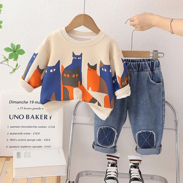 Boys Beige Sweatshirt And Jeans 2 Pcs Set