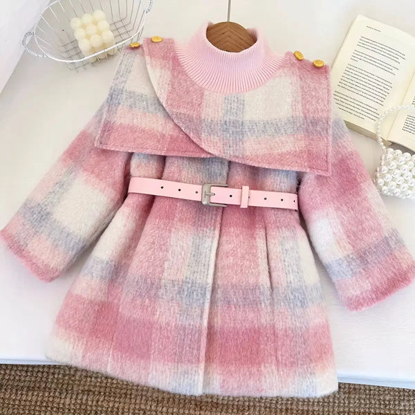 Girls Plaid Pink Coat With Belt TrendyKid