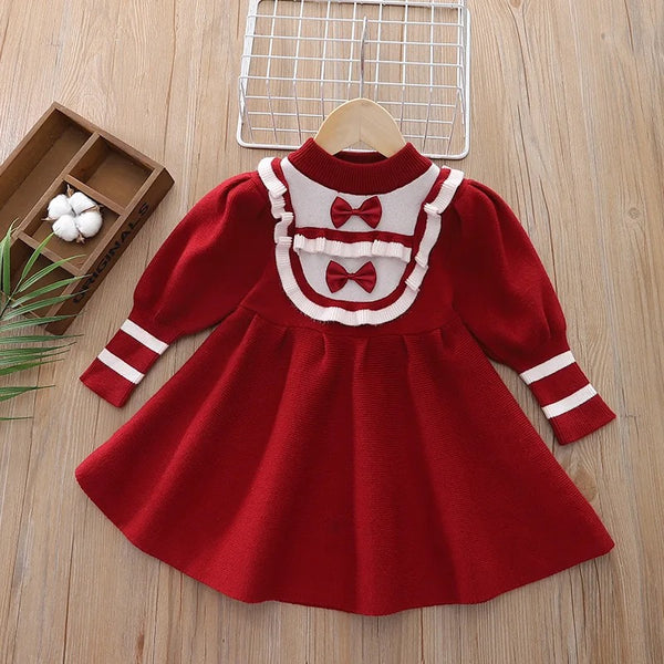 Girls Woolen Red Bow Dress