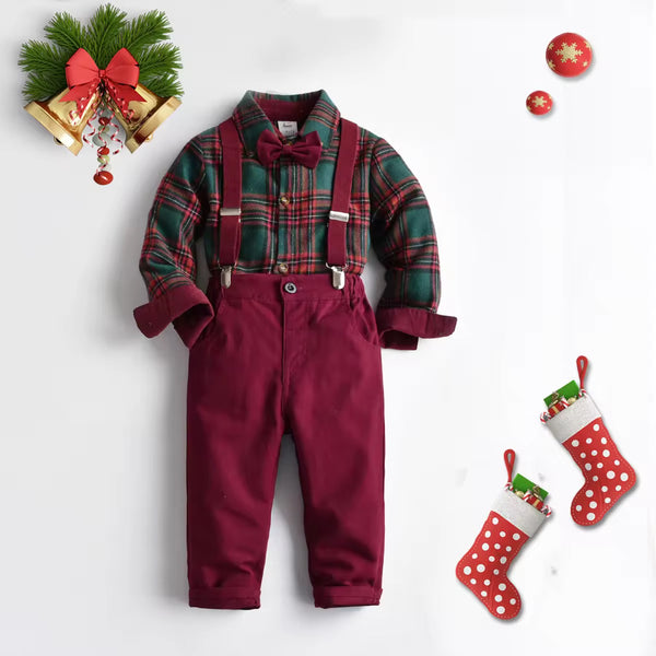 Boys Plaid Shirt With Bowtie, Suspenders & And Pants