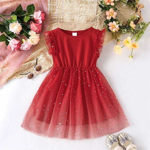 Girls Beautiful Red Dress with Shiny Teddy Patchwork Frill Party Dress