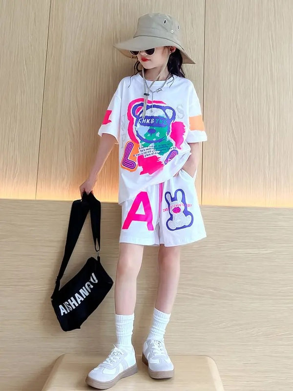 Girls White Printed Summer Co-ord Set