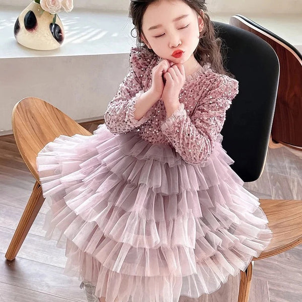 Girls Pink Sequins Ruffle Layered Party Dress With Big Bow Clip