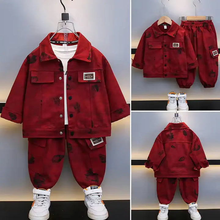 Boys Red Denim-Style Jacket & Jogger Co-ord Set with White Tee TrendyKid