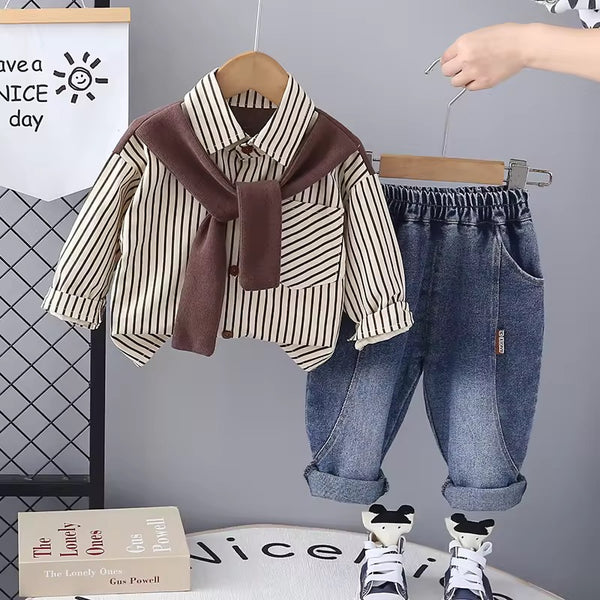 Boys Striped Shirt With Attached Muffler And Jeans Set