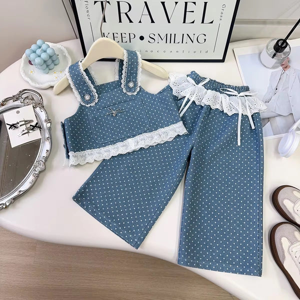 Girls Bow & Dots Denim Chic Set