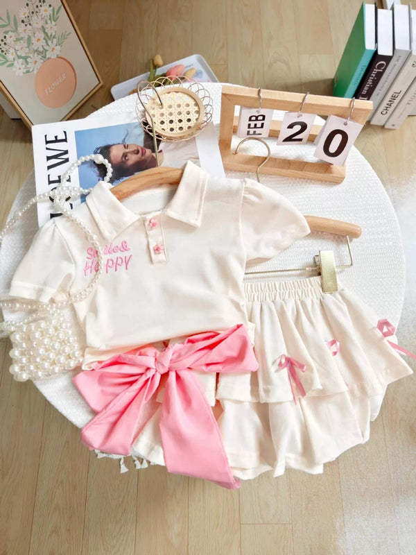 Girls Polo Bow T-Shirt And Skirt  2 Pcs Set