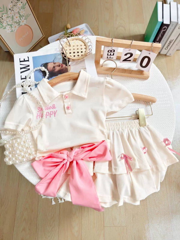 Girls White T-Shirt With Back Bow And Skirt  2 Pcs Set