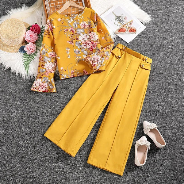 Girls Yellow Floral Printed Top And Pants 2 Pcs Set