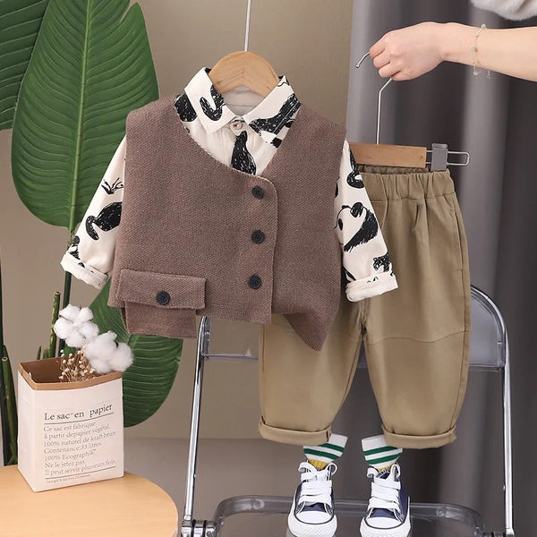 Boys Brown Jacket, Patterned Shirt With Trouser 3 Pcs Set