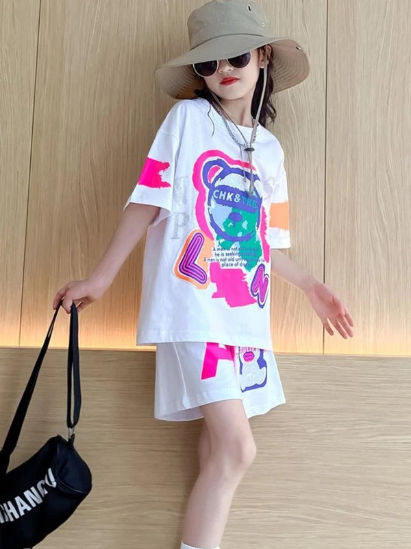 Girls White Printed Summer Co-ord Set