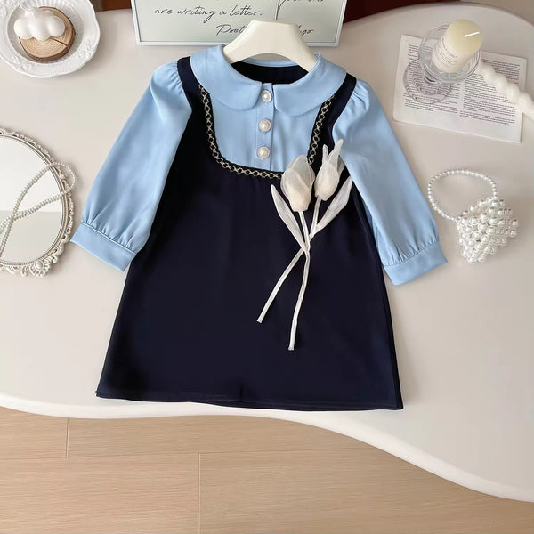 Girls Blue Applique Dress