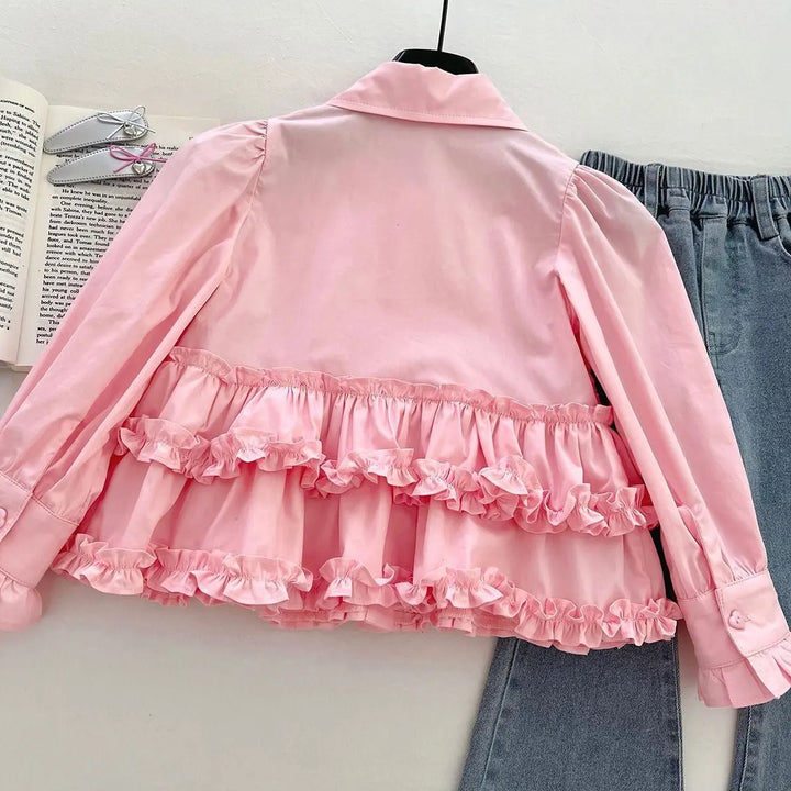 Girls Pink Ruffle Shirt And Denim Set TrendyKid
