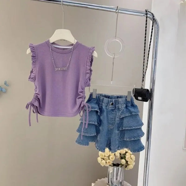 Girls Purple Top And Ruffled Shorts 2 Pcs Set