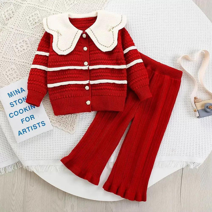 Girls Cherry Red Knit Co-ord Set with Peter Pan Collar TrendyKid