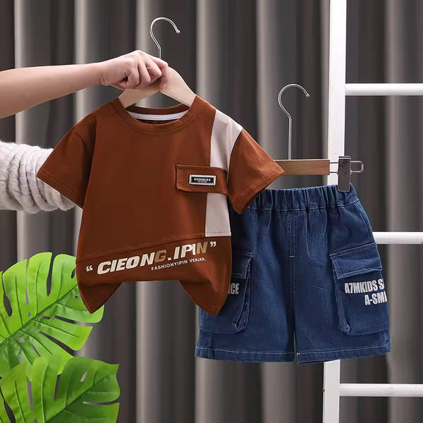Boys Brown T-shirt And Denim Shorts