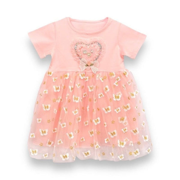 Girls Heart Patchwork Pink Frill Dress