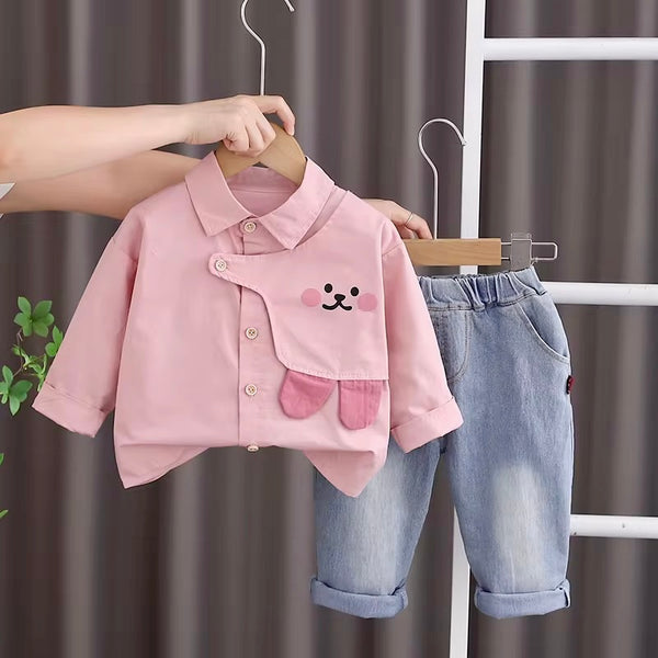 Boys Cute Pink Cartoon Bunny Shirt & Denim Pants Set