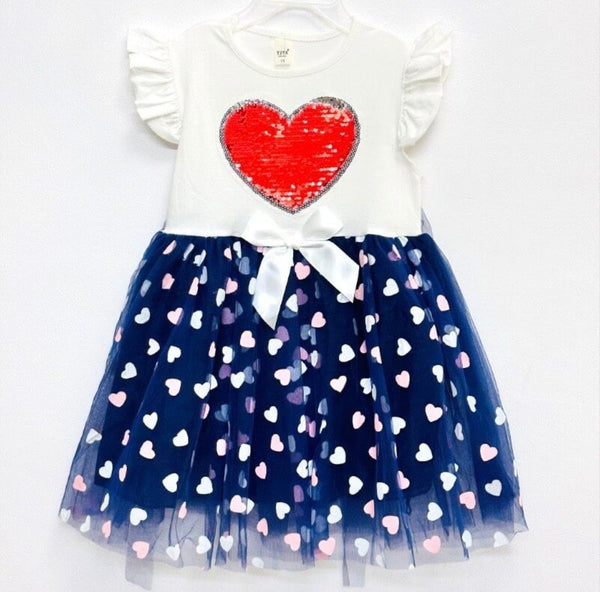 Girls Beautiful Shiny Heart Motif Frill Party Dress