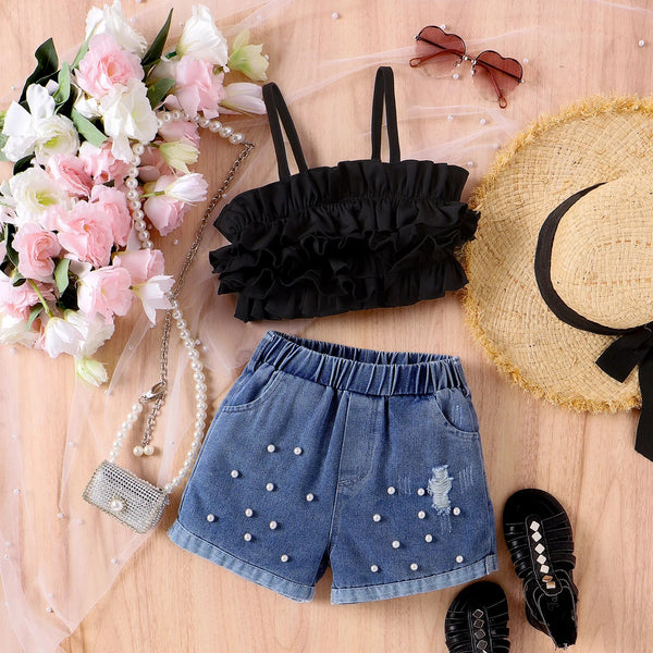 Girls Sleeveless Halter Crop Top And Pearl Denim Shorts