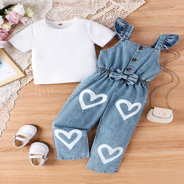 Girls Heart Printed Jumpsuit With Solid Top 2 Pcs Set