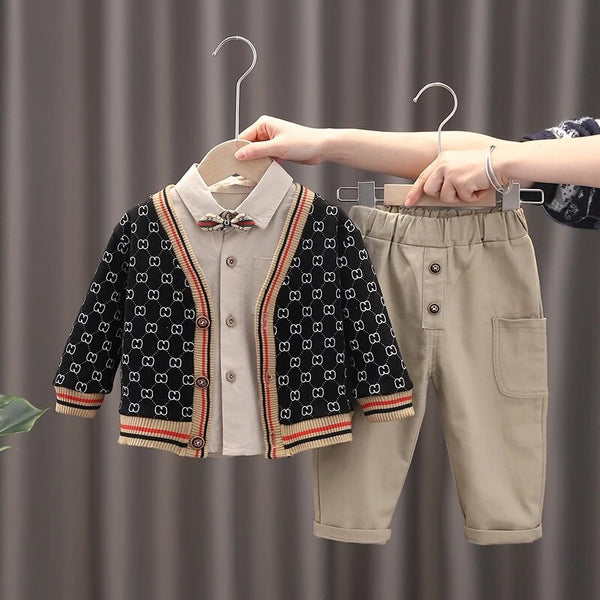 Boys Black Printed Sweater with Shirt And Pants 3 Pcs Set