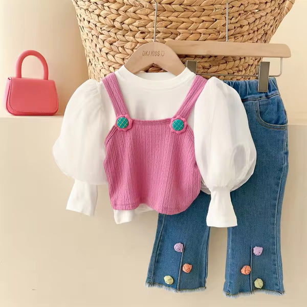 Girls Pink Camisole With White Top & Jeans 3 Pcs Set