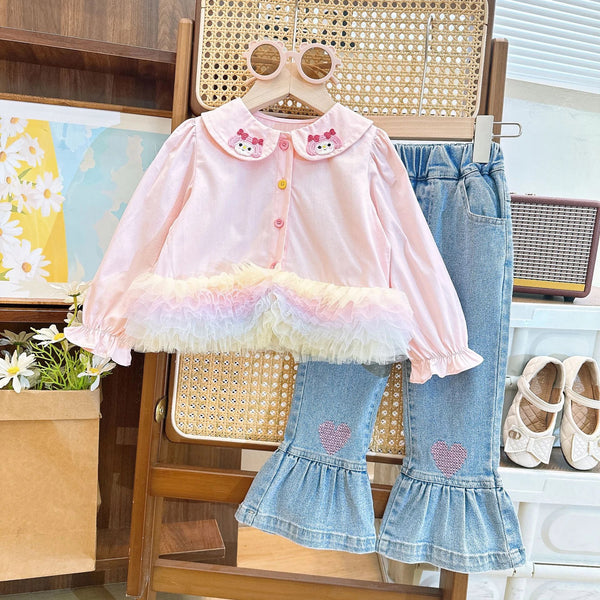 Girls Multicolored Ruffle Top And Bell Bottom Jeans 2 Pcs Set