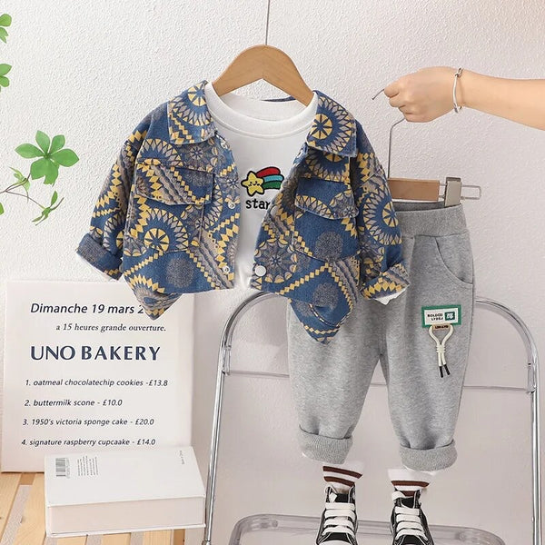 Boys Designer Shacket With T-shirt And Pants 3 Pcs Set